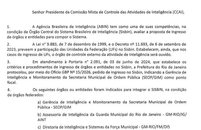 Rio pode ser primeiro município a ingressar no Sistema Brasileiro de Inteligência (Sisbin); comissão do Congresso aprovou adesão