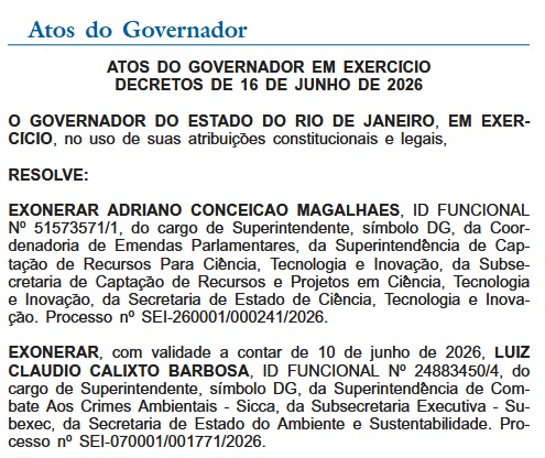 Ricardo Couto entra em campo e abre 3 a 0 nas exonerações do Diário Oficial desta quarta-feira