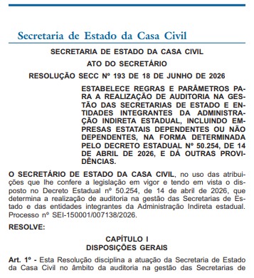 Casa Civil decreta devassa em contas de 2025 e 2026 de toda a estrutura do governo do estado; ação terá equipe mista com servidores do TCE e TCM