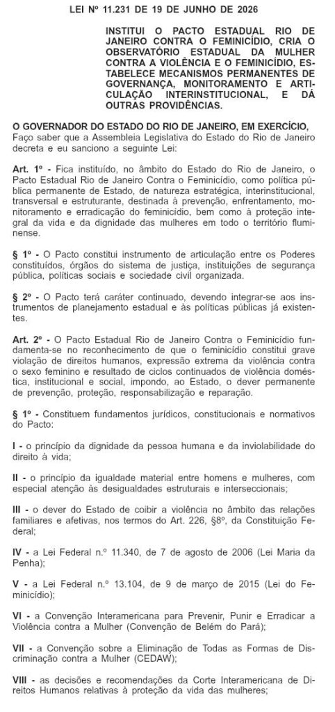 Couto sanciona Pacto Estadual Contra o Feminicídio; aprovada pela Alerj, criação de Observatório da Mulher foi vetada