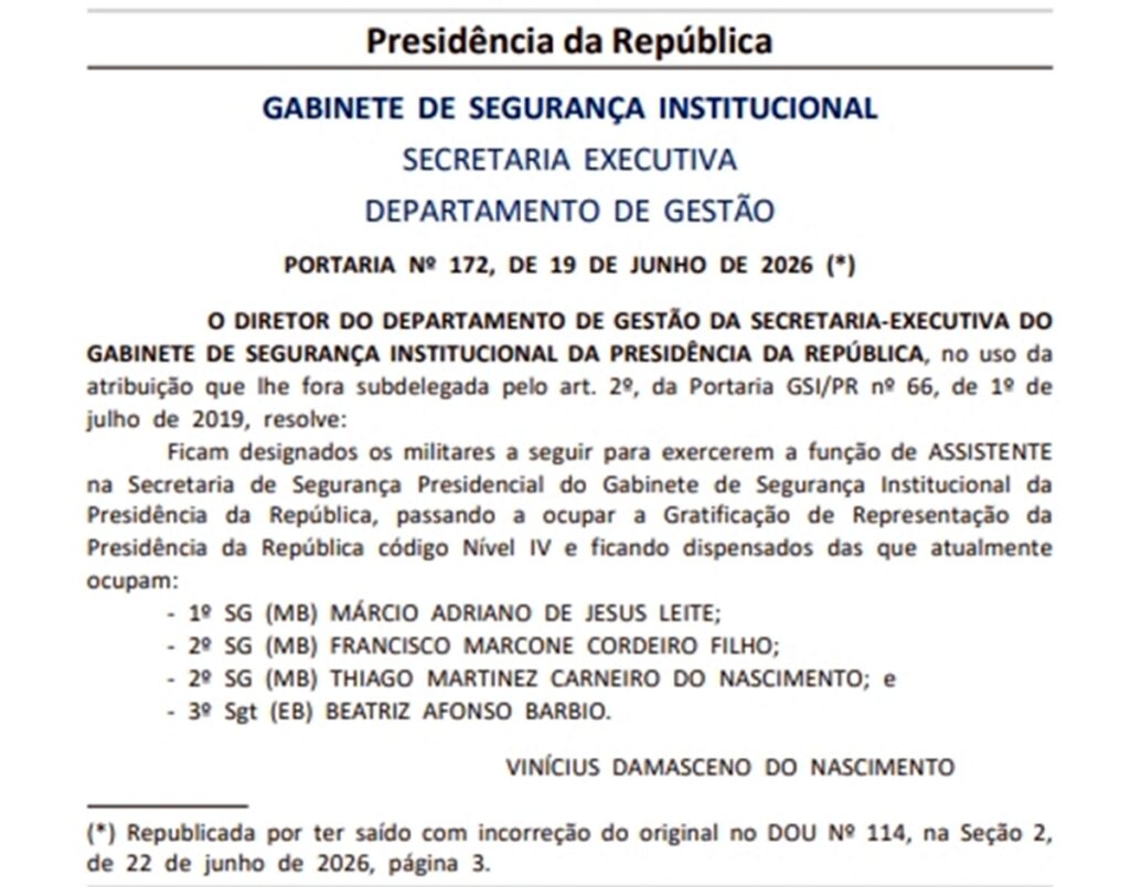 GSI corrige portaria que designou “Fulano e Cicrano de Tal” no governo