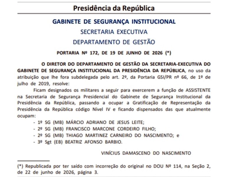 GSI corrige portaria que designou “Fulano e Cicrano de Tal” no governo