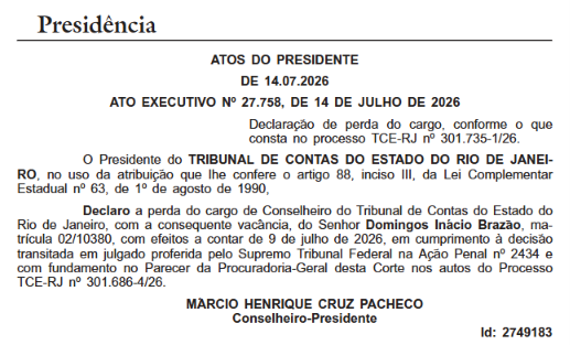 TCE-RJ oficializa saída de Domingos Brazão de cargo de conselheiro e extingue o gabinete