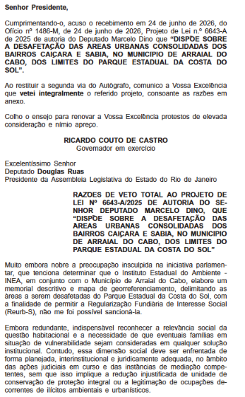 Ricardo Couto veta projeto que retirava bairros de Arraial do Cabo de área de proteção ambiental