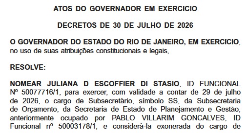 Couto fecha o mês com ajustes técnicos e nomeações no Planejamento, Saúde e DER-RJ