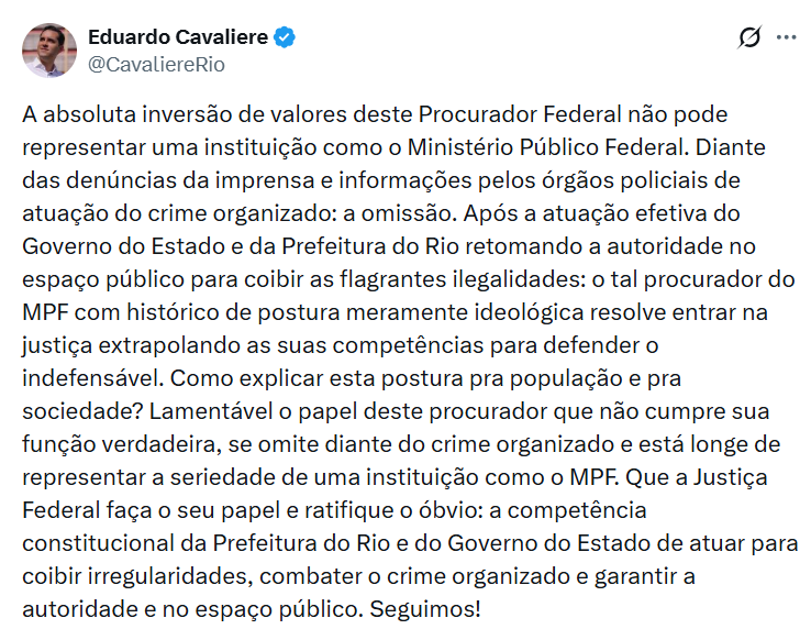 Cavaliere critica pedido do MPF para suspender o programa Tolerância Zero: ‘defender o indefensável’