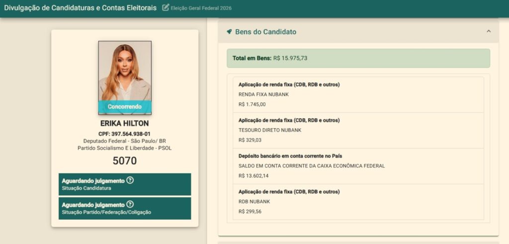 Erika Hilton declara R$ 15 mil de patrimônio ao TSE