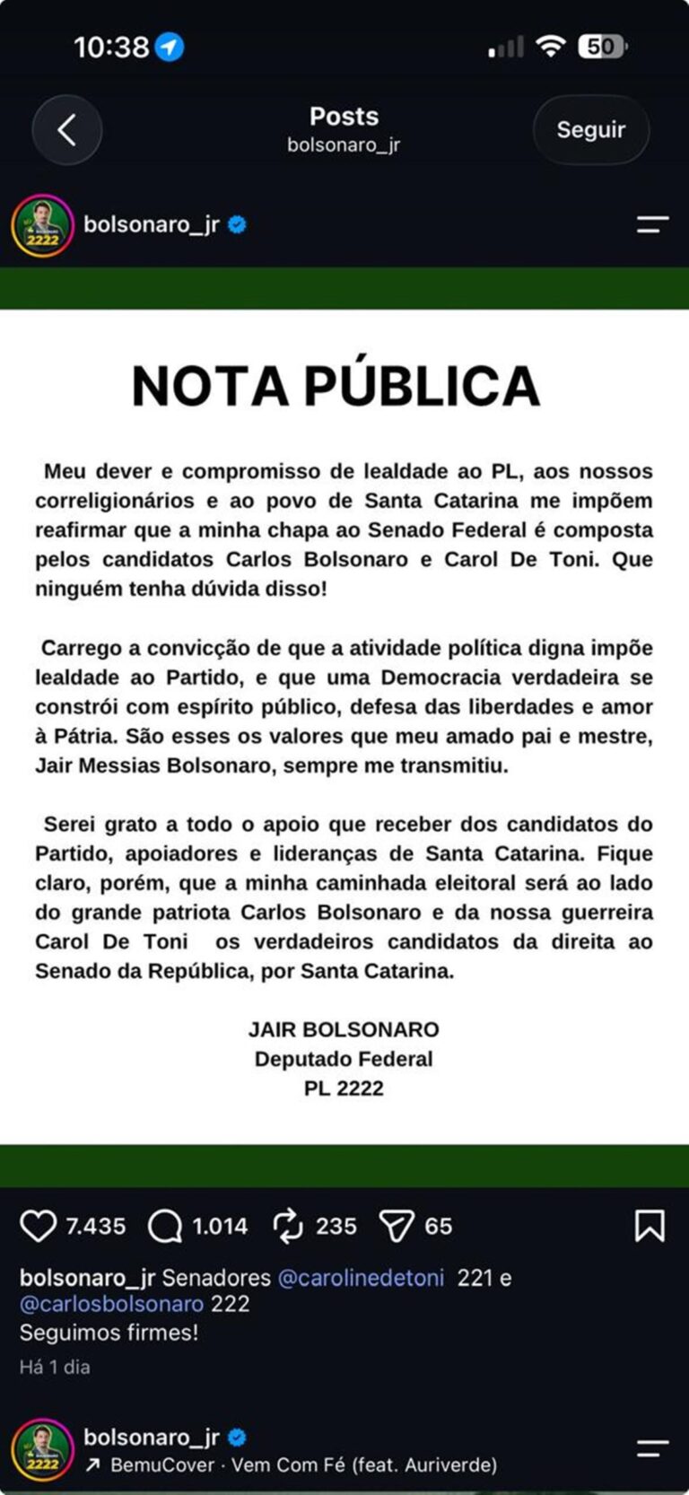 Ausência de Carol de Toni em material de Jair Renan provoca treta em SC