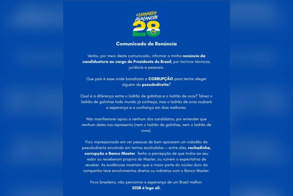 Substituto de Marçal, Avalanche desiste de candidatura à Presidência