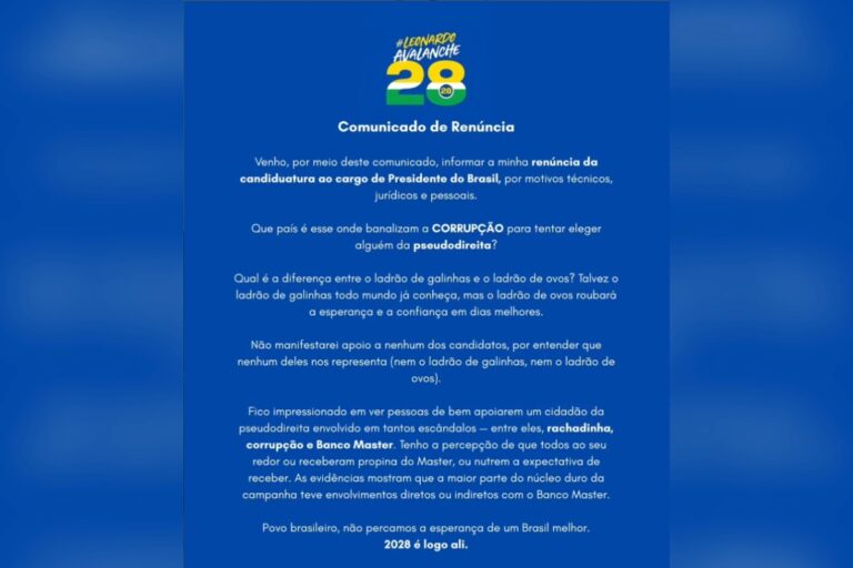 Substituto de Marçal, Avalanche desiste de candidatura à Presidência