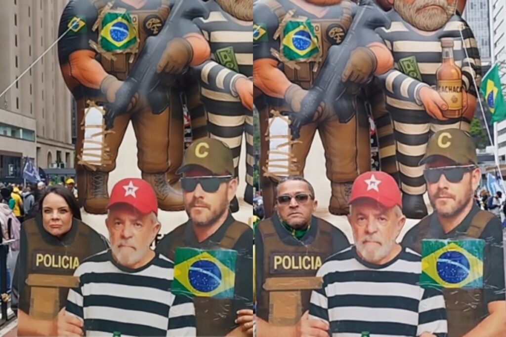 Ato de Flávio na Paulista tem boneco de Trump segurando Lula preso
