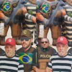 Ato de Flávio na Paulista tem boneco de Trump segurando Lula preso